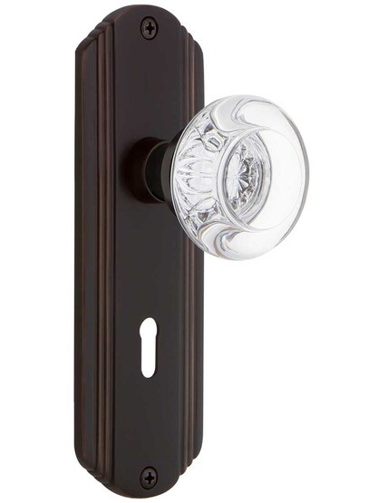 Streamline Deco Door Set with Round Crystal Glass Knobs and Keyhole in Timeless Bronze.